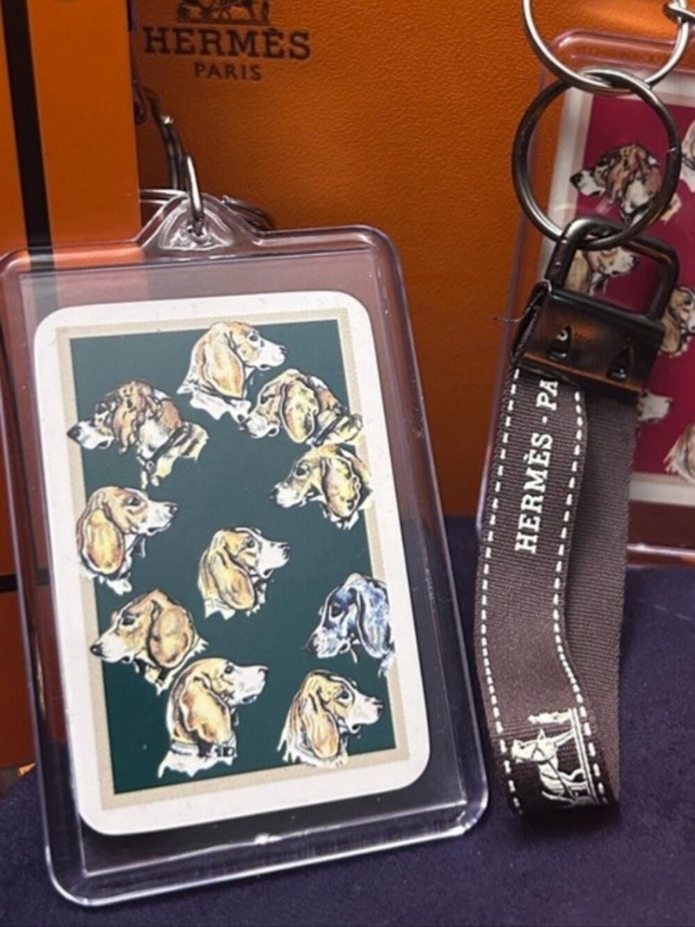 Hermes Brown Logo Key & Card Holder Strap with Green Dog Print Card COA Pick 1